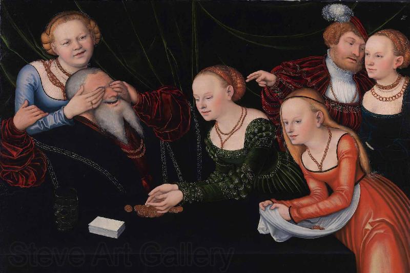 Lucas Cranach the Elder Old man beguiled by courtesans Norge oil painting art